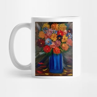 Some a lovely simple bouquet of flowers in blue vase Painted on a metallic gold and multiple colors blend. Mug